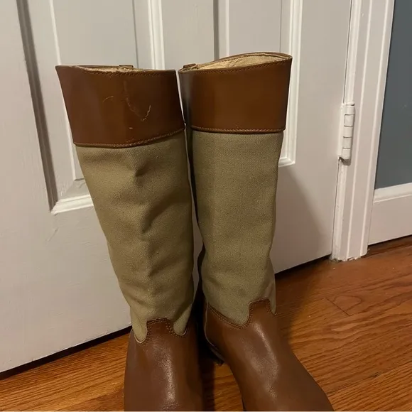 Vintage LL Bean Tan Canvas Leather Riding Equestrian boots size 8.5