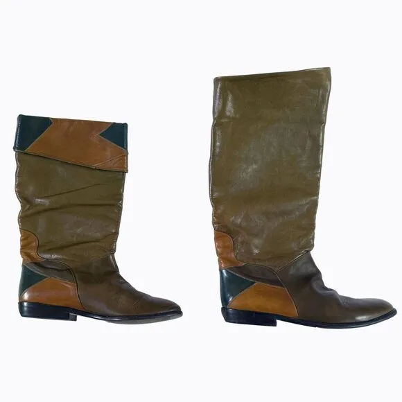 Vintage Peter Kaiser Brown Patchwork Riding Boots 100% Leather Boho Cowgirl Sz9M