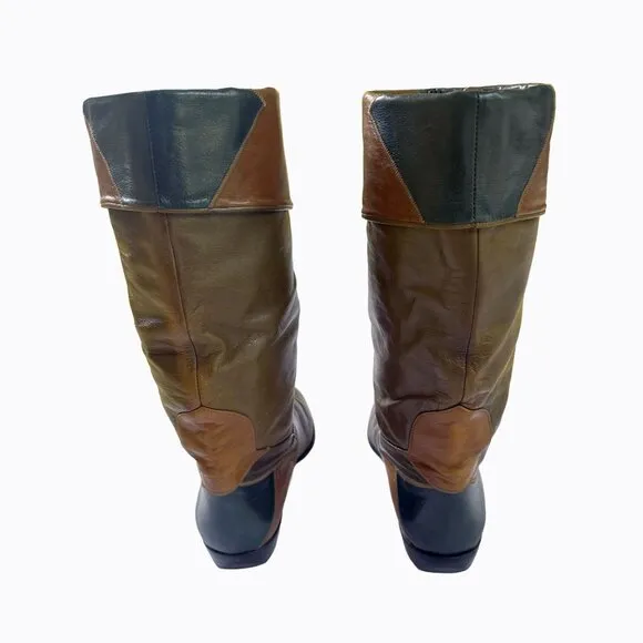 Vintage Peter Kaiser Brown Patchwork Riding Boots 100% Leather Boho Cowgirl Sz9M