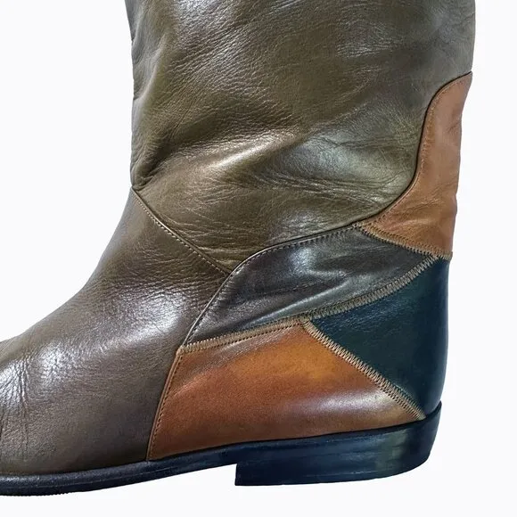 Vintage Peter Kaiser Brown Patchwork Riding Boots 100% Leather Boho Cowgirl Sz9M