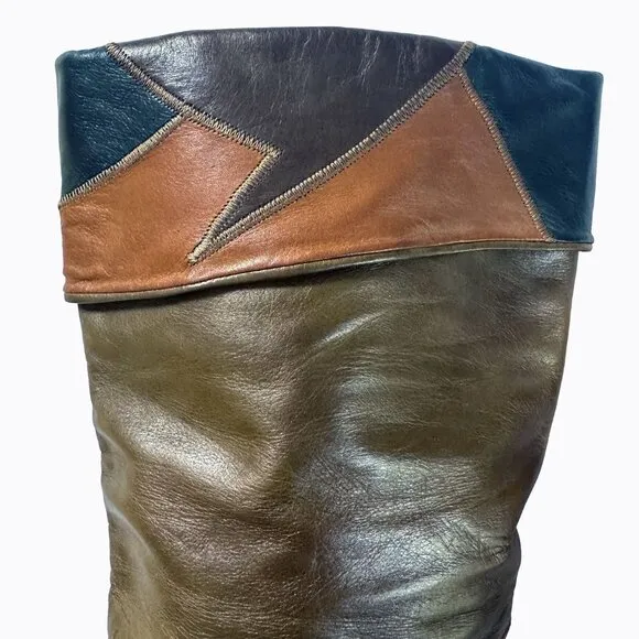 Vintage Peter Kaiser Brown Patchwork Riding Boots 100% Leather Boho Cowgirl Sz9M