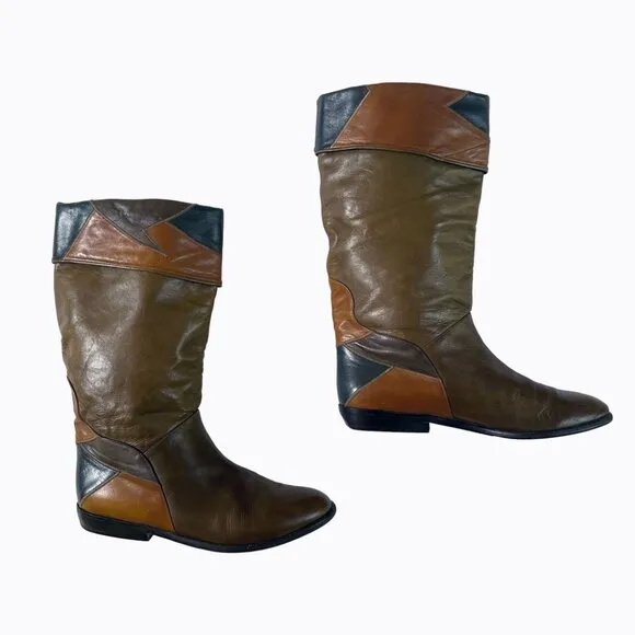 Vintage Peter Kaiser Brown Patchwork Riding Boots 100% Leather Boho Cowgirl Sz9M