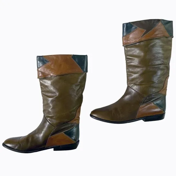 Vintage Peter Kaiser Brown Patchwork Riding Boots 100% Leather Boho Cowgirl Sz9M
