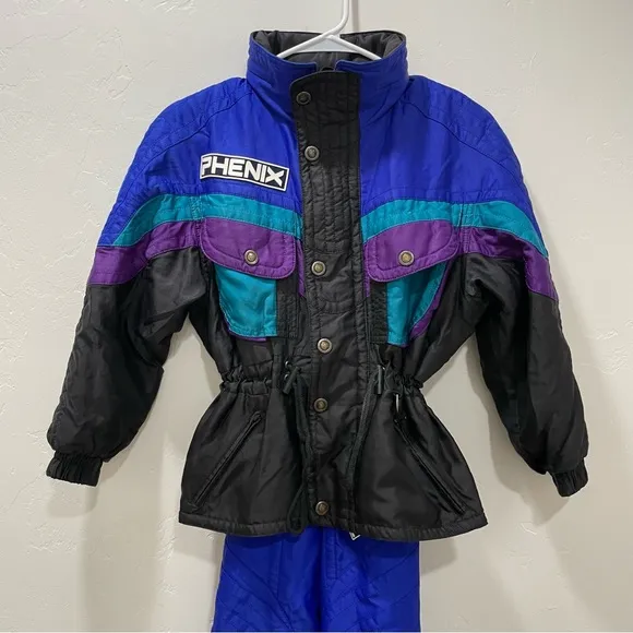 Vintage Phenix Kid's Size 8 Snowsuit Set Coat &amp; Snow Bibs/Overalls Black Blue