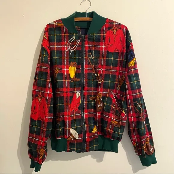 Vintage Reversible Jacket Equestrian Print Green/Red Plaid – 1990s Men’s XL