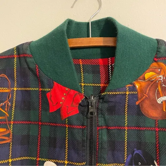 Vintage Reversible Jacket Equestrian Print Green/Red Plaid – 1990s Men’s XL