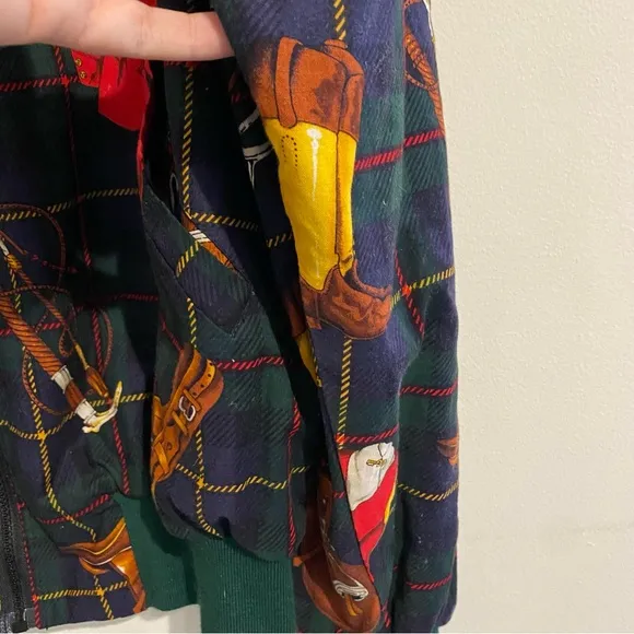 Vintage Reversible Jacket Equestrian Print Green/Red Plaid – 1990s Men’s XL