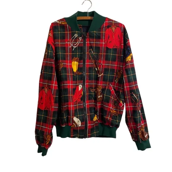 Vintage Reversible Jacket Equestrian Print Green/Red Plaid – 1990s Men’s XL