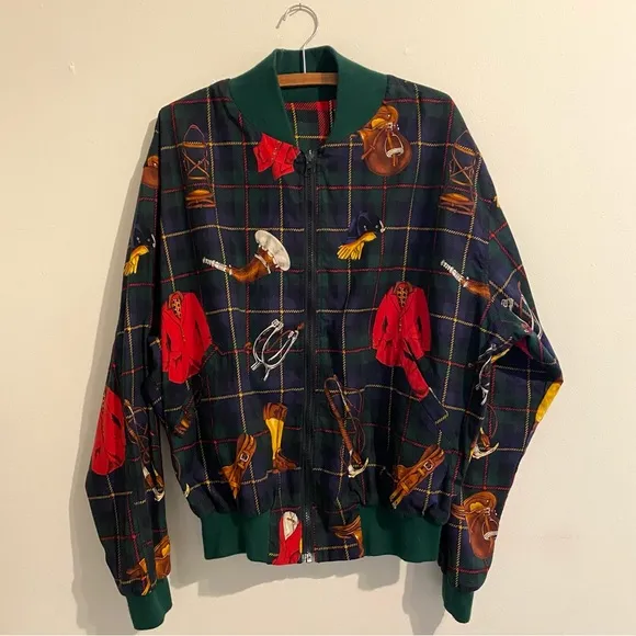 Vintage Reversible Jacket Equestrian Print Green/Red Plaid – 1990s Men’s XL