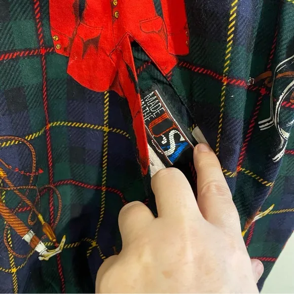 Vintage Reversible Jacket Equestrian Print Green/Red Plaid – 1990s Men’s XL