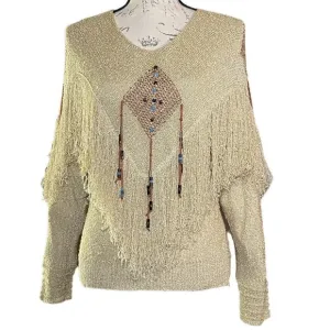 Vintage Sakowitz Womens M Weaved Accent Beaded Fringed Wheat Loose Knit Sweater