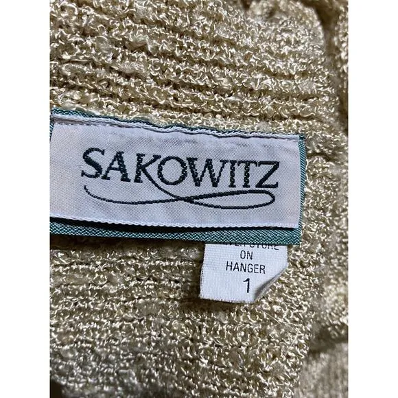 Vintage Sakowitz Womens M Weaved Accent Beaded Fringed Wheat Loose Knit Sweater