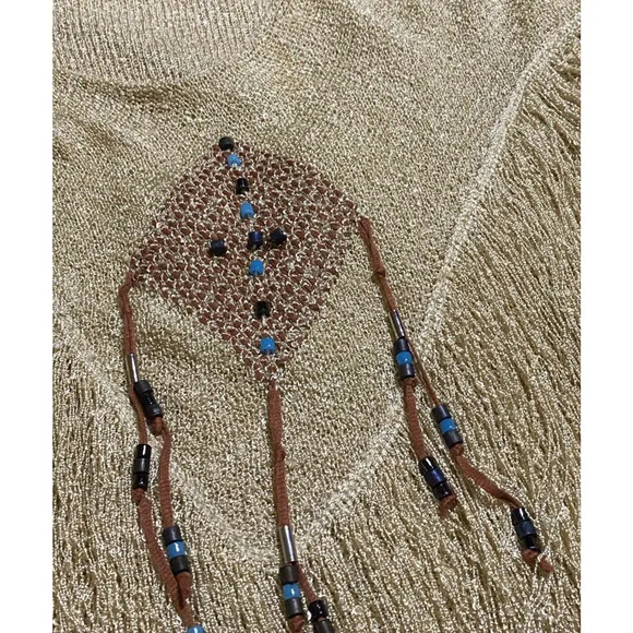 Vintage Sakowitz Womens M Weaved Accent Beaded Fringed Wheat Loose Knit Sweater