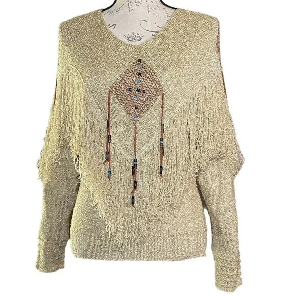 Vintage Sakowitz Womens M Weaved Accent Beaded Fringed Wheat Loose Knit Sweater