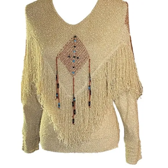 Vintage Sakowitz Womens M Weaved Accent Beaded Fringed Wheat Loose Knit Sweater