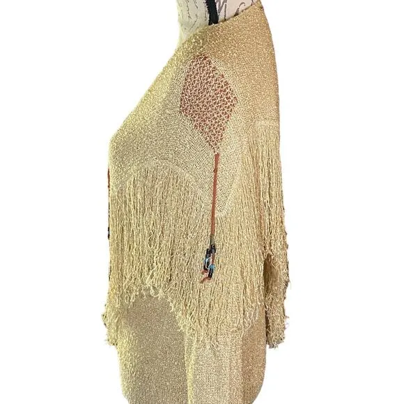 Vintage Sakowitz Womens M Weaved Accent Beaded Fringed Wheat Loose Knit Sweater