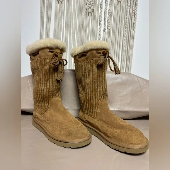 Vintage Ugg Australia Suburb Crochet 5921 chestnut Tan Mid Calf Boots size 4