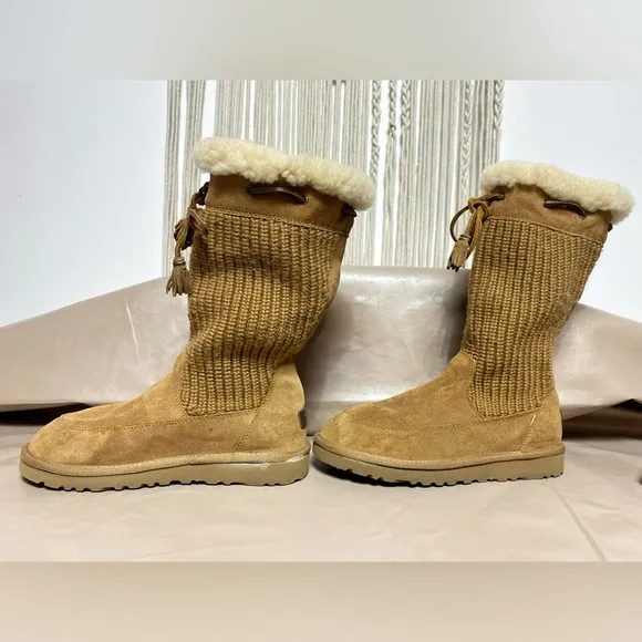 Vintage Ugg Australia Suburb Crochet 5921 chestnut Tan Mid Calf Boots size 4