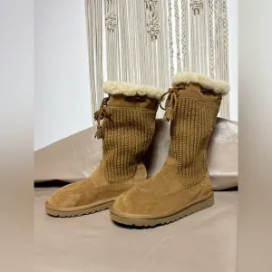 Vintage Ugg Australia Suburb Crochet 5921 chestnut Tan Mid Calf Boots size 4