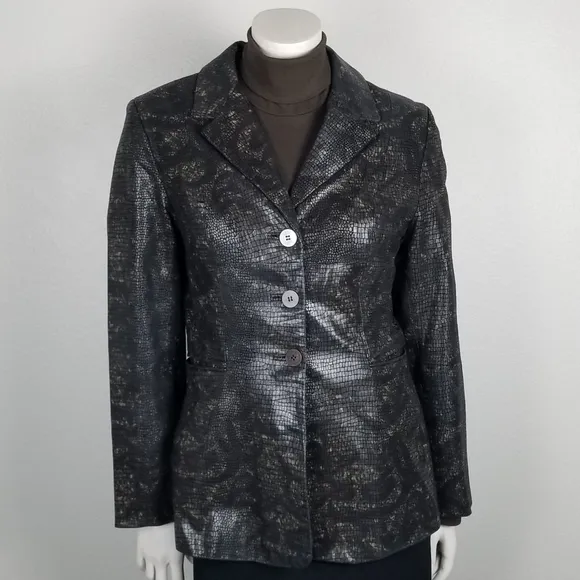 Vintage Y2K 90s Crocodile-Embossed Brown Leather Blazer Jacket Size Small