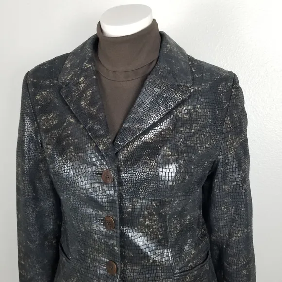 Vintage Y2K 90s Crocodile-Embossed Brown Leather Blazer Jacket Size Small