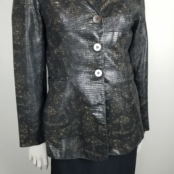 Vintage Y2K 90s Crocodile-Embossed Brown Leather Blazer Jacket Size Small