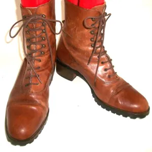 Vtg '90s Joan &amp; David Aged Caramel-Leather Low-Heel Lace-Up Boots 10M 40M FAB!