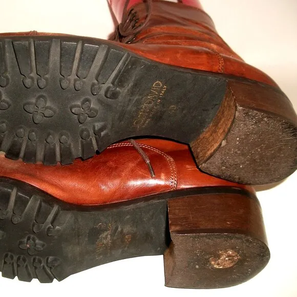 Vtg '90s Joan &amp; David Aged Caramel-Leather Low-Heel Lace-Up Boots 10M 40M FAB!
