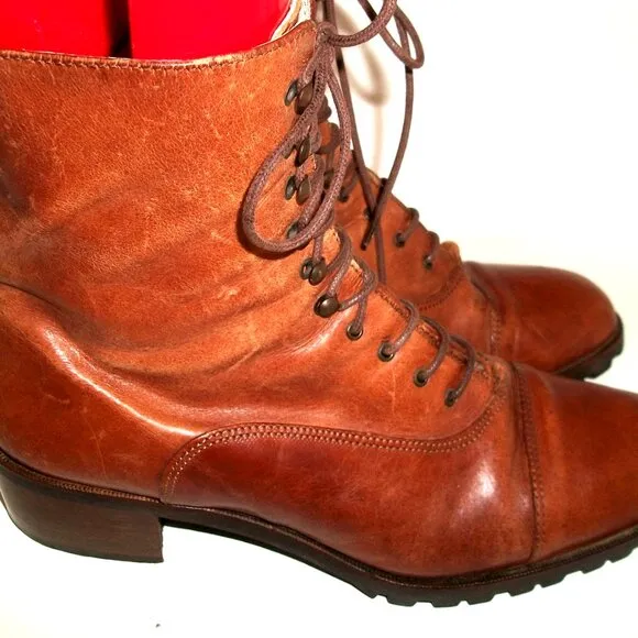 Vtg '90s Joan &amp; David Aged Caramel-Leather Low-Heel Lace-Up Boots 10M 40M FAB!