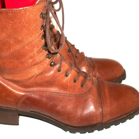 Vtg '90s Joan &amp; David Aged Caramel-Leather Low-Heel Lace-Up Boots 10M 40M FAB!