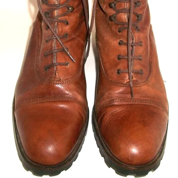 Vtg '90s Joan &amp; David Aged Caramel-Leather Low-Heel Lace-Up Boots 10M 40M FAB!