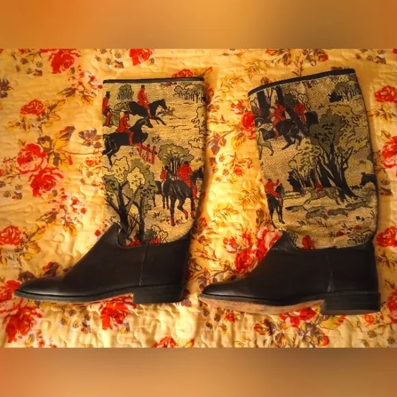 VTG Anthropology Seychelles Leather Tapestry Knee Boots. VTG 80's