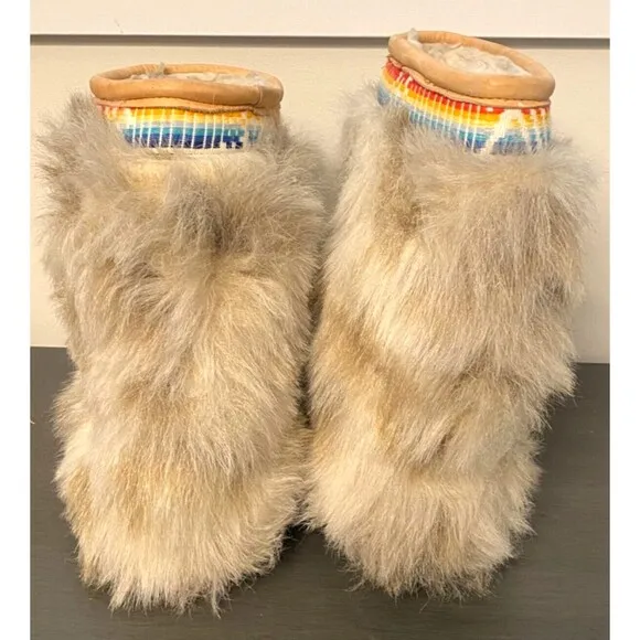 Vtg Cougars Shaggy Fur Apres YETI WINTER BOOTS Rainbow Trim Native Canada Made