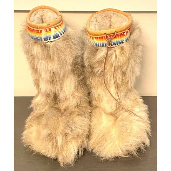 Vtg Cougars Shaggy Fur Apres YETI WINTER BOOTS Rainbow Trim Native Canada Made