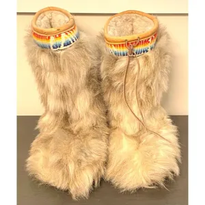 Vtg Cougars Shaggy Fur Apres YETI WINTER BOOTS Rainbow Trim Native Canada Made