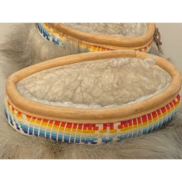 Vtg Cougars Shaggy Fur Apres YETI WINTER BOOTS Rainbow Trim Native Canada Made