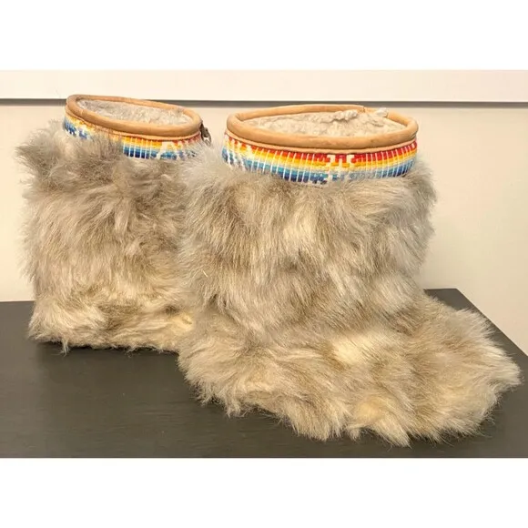 Vtg Cougars Shaggy Fur Apres YETI WINTER BOOTS Rainbow Trim Native Canada Made