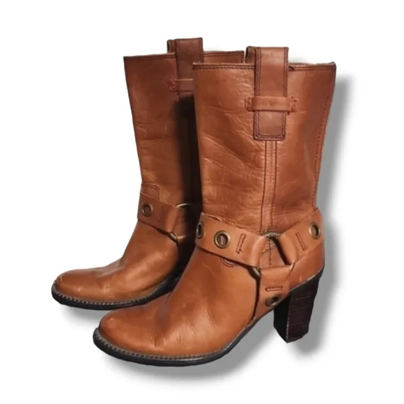 Vtg Tommy Hilfiger Harness Moto Boots 5.5 Midcalf Dark Tan Leather Equestrian