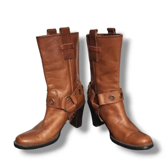 Vtg Tommy Hilfiger Harness Moto Boots 5.5 Midcalf Dark Tan Leather Equestrian