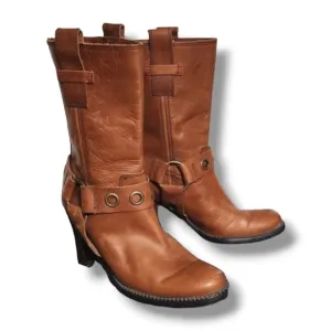 Vtg Tommy Hilfiger Harness Moto Boots 5.5 Midcalf Dark Tan Leather Equestrian