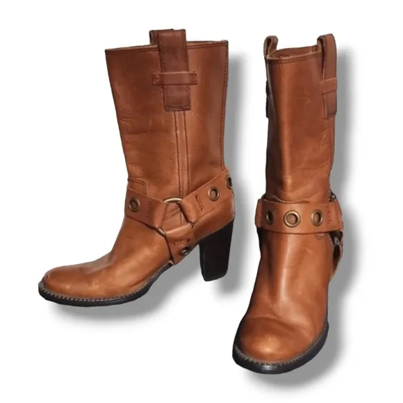 Vtg Tommy Hilfiger Harness Moto Boots 5.5 Midcalf Dark Tan Leather Equestrian