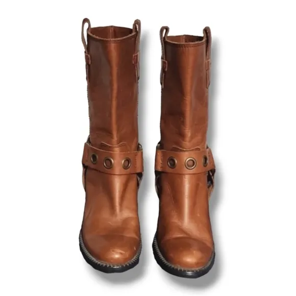 Vtg Tommy Hilfiger Harness Moto Boots 5.5 Midcalf Dark Tan Leather Equestrian