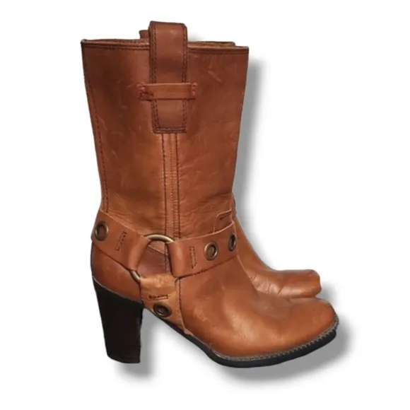 Vtg Tommy Hilfiger Harness Moto Boots 5.5 Midcalf Dark Tan Leather Equestrian