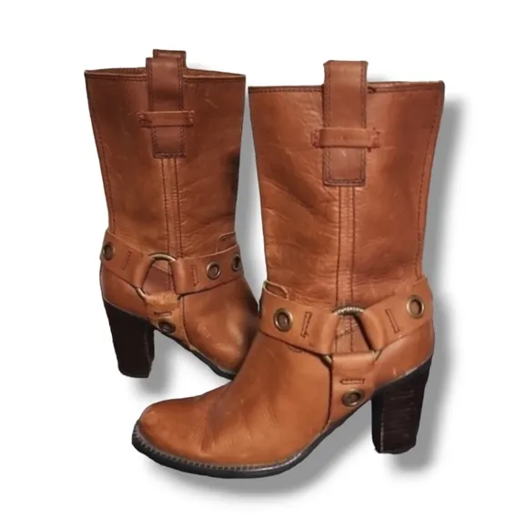 Vtg Tommy Hilfiger Harness Moto Boots 5.5 Midcalf Dark Tan Leather Equestrian