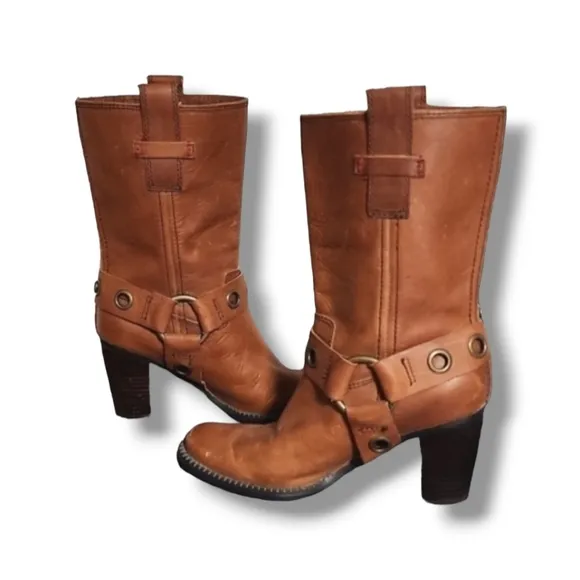 Vtg Tommy Hilfiger Harness Moto Boots 5.5 Midcalf Dark Tan Leather Equestrian