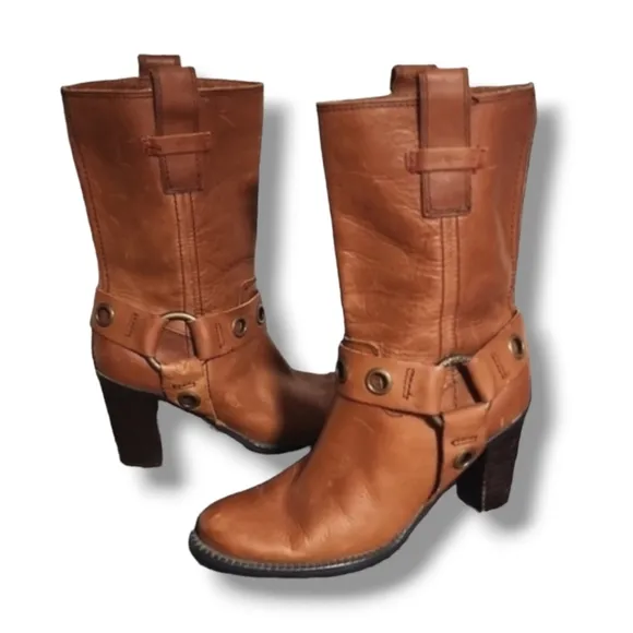 Vtg Tommy Hilfiger Harness Moto Boots 5.5 Midcalf Dark Tan Leather Equestrian