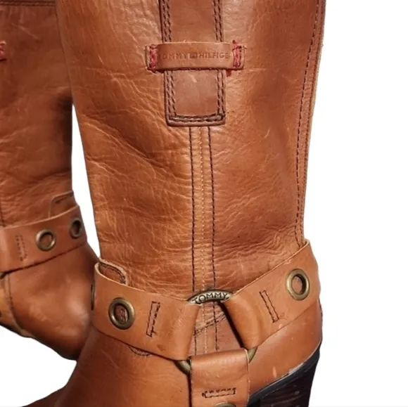 Vtg Tommy Hilfiger Harness Moto Boots 5.5 Midcalf Dark Tan Leather Equestrian