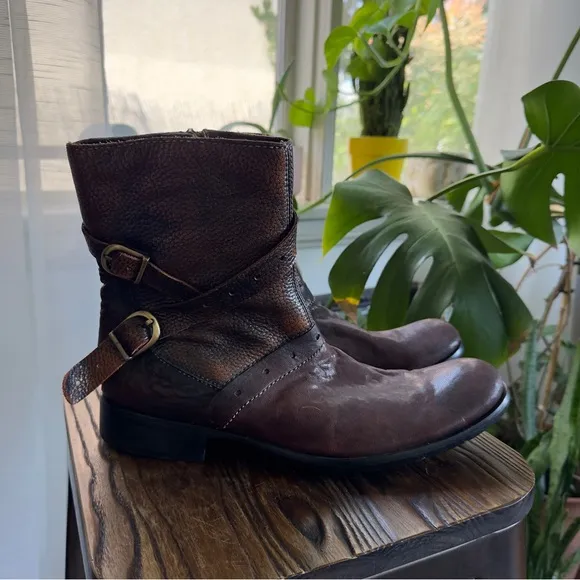 Western Brown Leather Ankle Boots with Buckle Detail