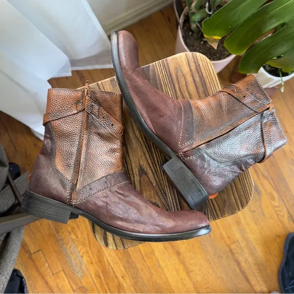 Western Brown Leather Ankle Boots with Buckle Detail