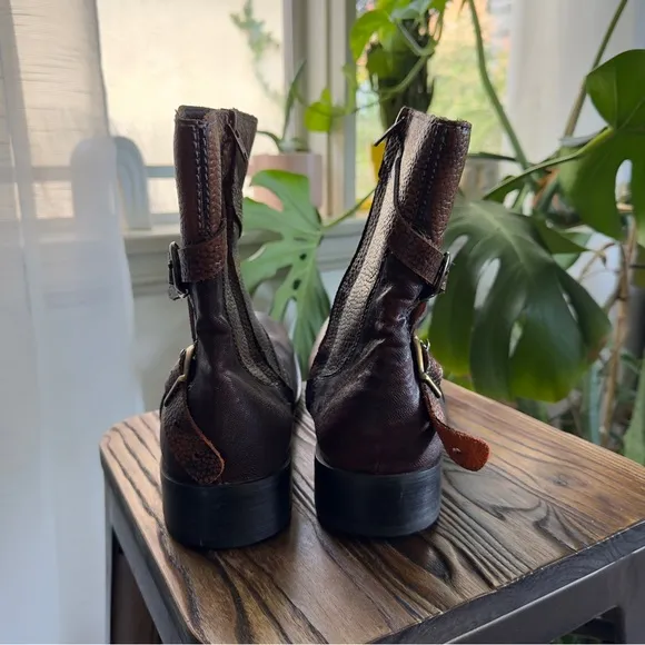 Western Brown Leather Ankle Boots with Buckle Detail